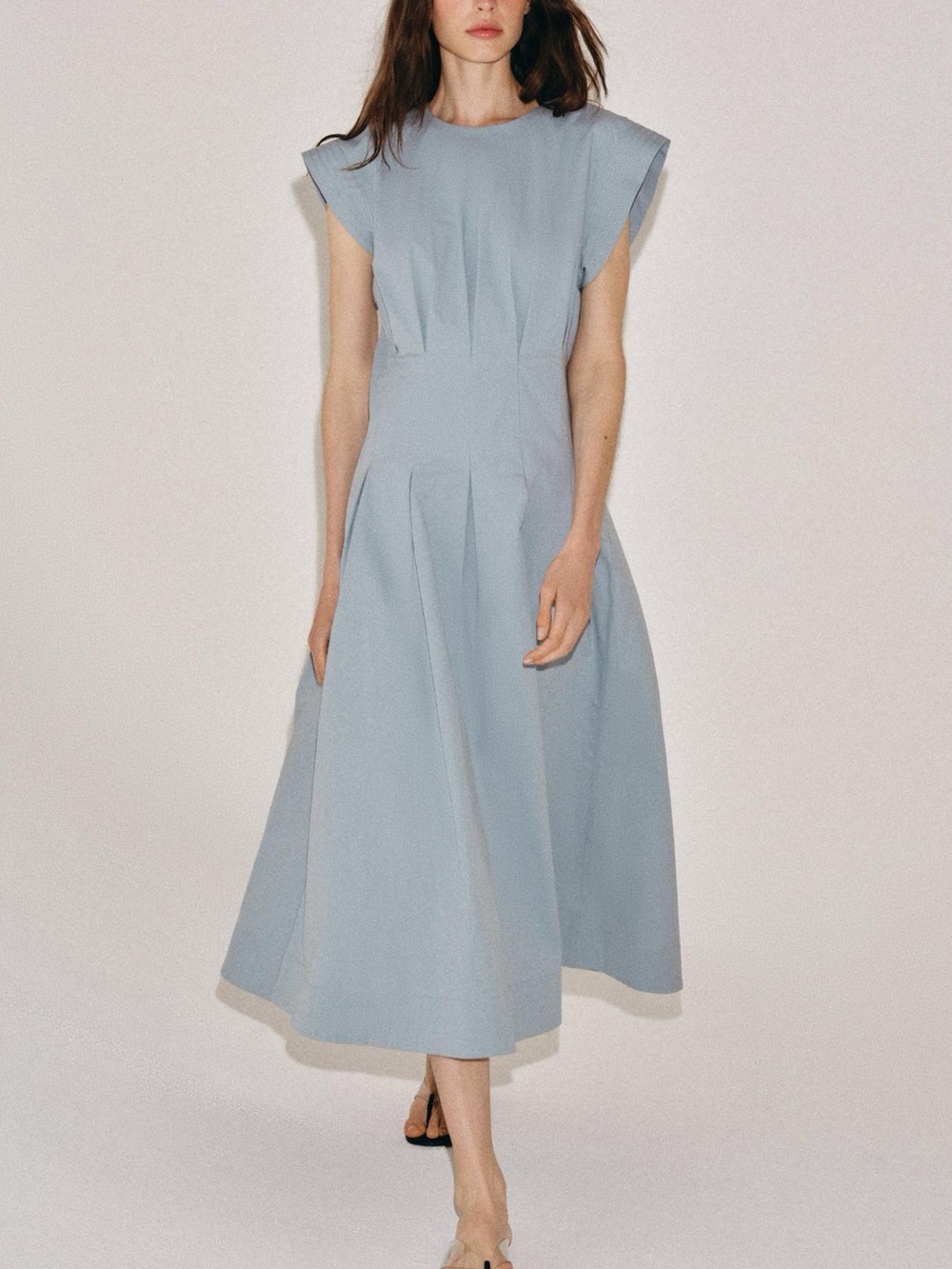 Zara ZW collection pleated poplin dress in blue/gray color size S